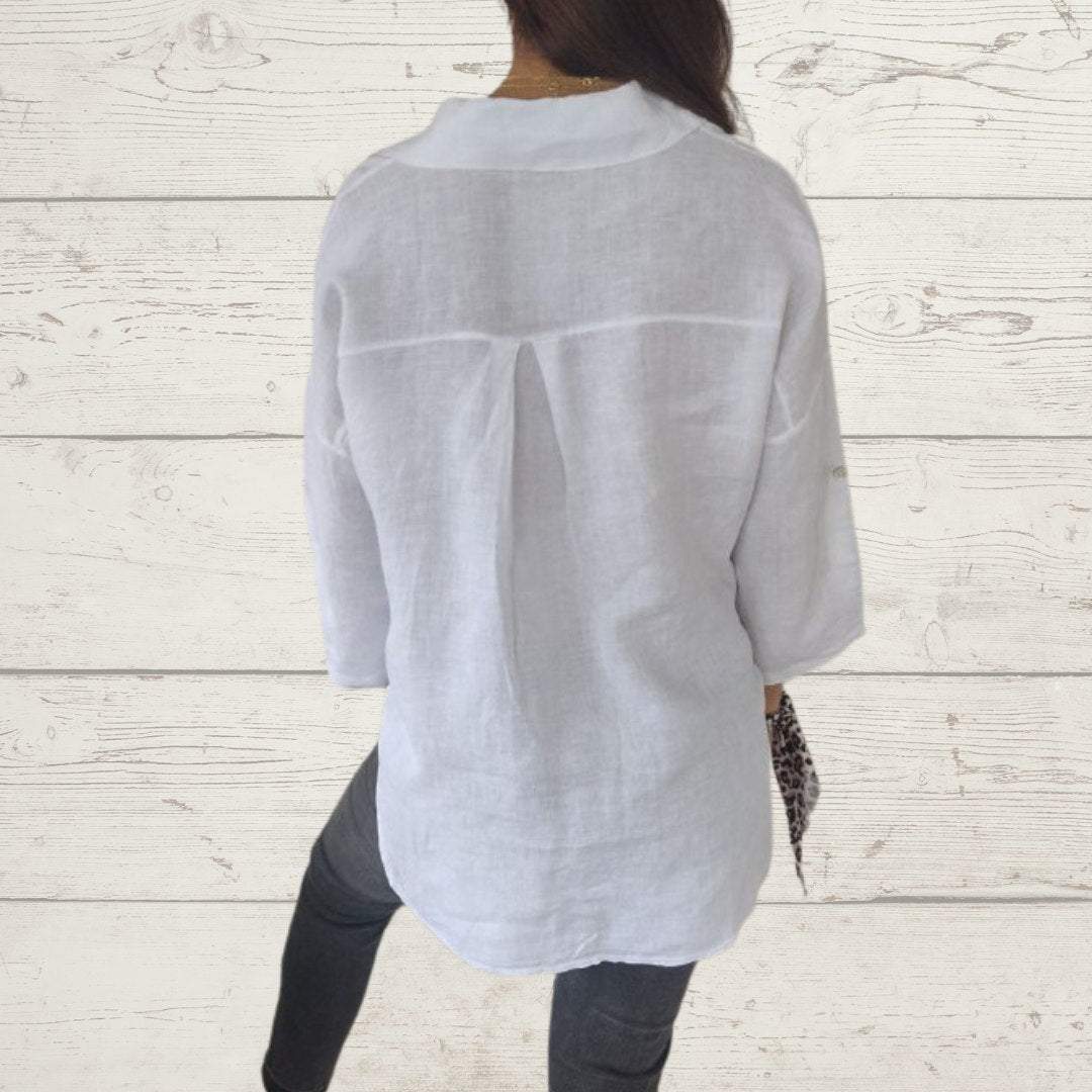 Camisa Feminina de Algodão e Linho com Botões de Cor Sólida