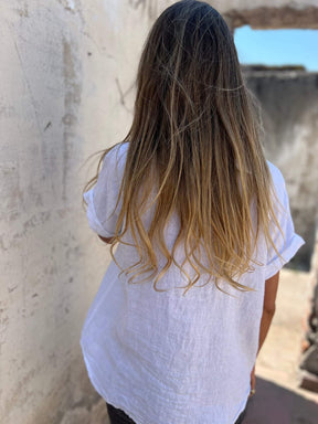 Camisa casual de algodão e linho com lapela