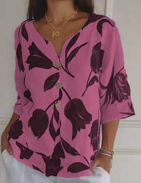 Camisa Estampada de Algodão e Linho com Decote em V e Mangas Curtas