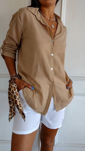 Camisa de Algodão e Linho com Lapela e Mangas 3/4