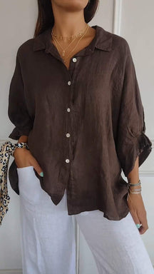 Camisa casual com amarração nas costas e lapela, de algodão e linho