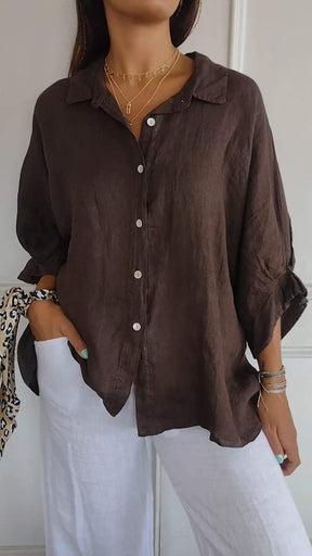 Camisa casual com amarração nas costas e lapela, de algodão e linho