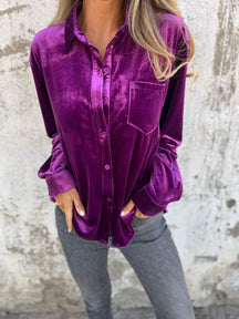 Camisa Casual de Veludo com Gola Lapela e Mangas Longas