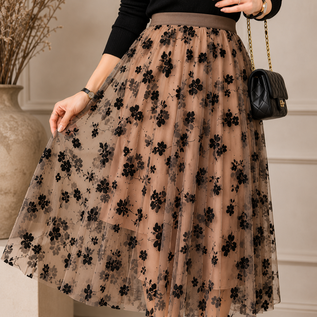 Saia de Tule Floral Midi