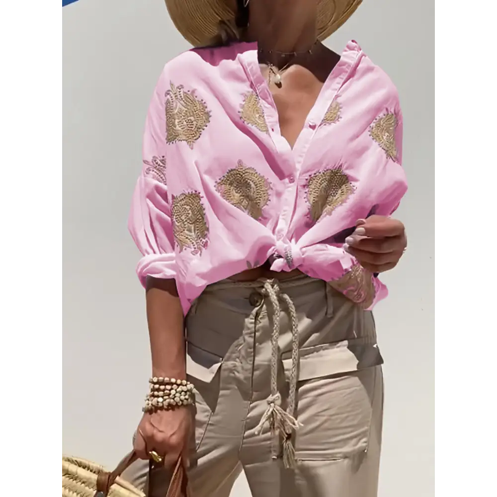 Camisa Feminina Bordada de Algodão com Botões