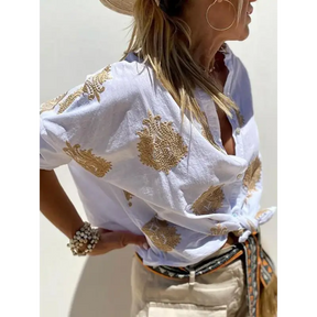 Camisa Feminina Bordada de Algodão com Botões