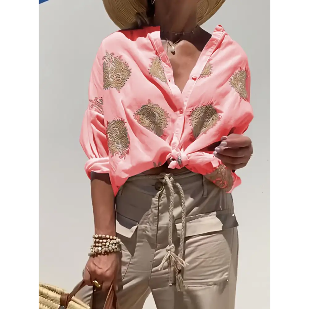 Camisa Feminina Bordada de Algodão com Botões