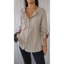 Camisa Casual de Algodão e Linho com Gola Redonda e Mangas 3/4