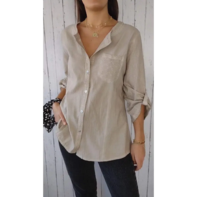 Camisa Casual de Algodão e Linho com Gola Redonda e Mangas 3/4