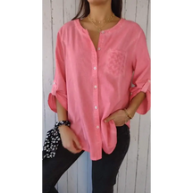 Camisa Casual de Algodão e Linho com Gola Redonda e Mangas 3/4