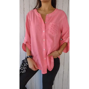 Camisa Casual de Algodão e Linho com Gola Redonda e Mangas 3/4