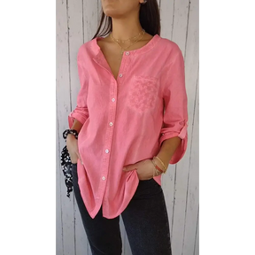 Camisa Casual de Algodão e Linho com Gola Redonda e Mangas 3/4