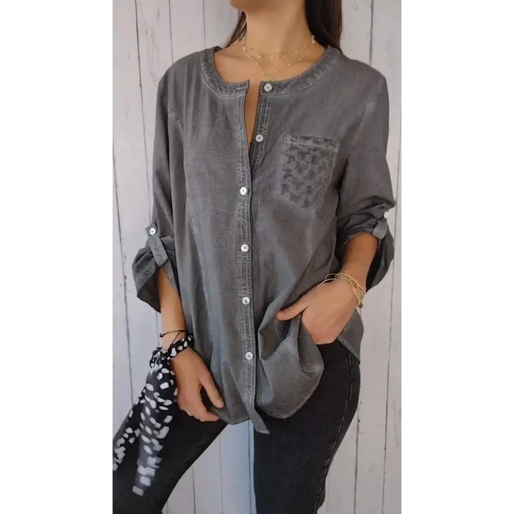 Camisa Casual de Algodão e Linho com Gola Redonda e Mangas 3/4