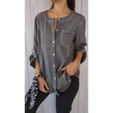 Camisa Casual de Algodão e Linho com Gola Redonda e Mangas 3/4