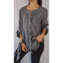 Camisa Casual de Algodão e Linho com Gola Redonda e Mangas 3/4