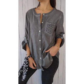 Camisa Casual de Algodão e Linho com Gola Redonda e Mangas 3/4