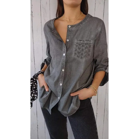Camisa Casual de Algodão e Linho com Gola Redonda e Mangas 3/4