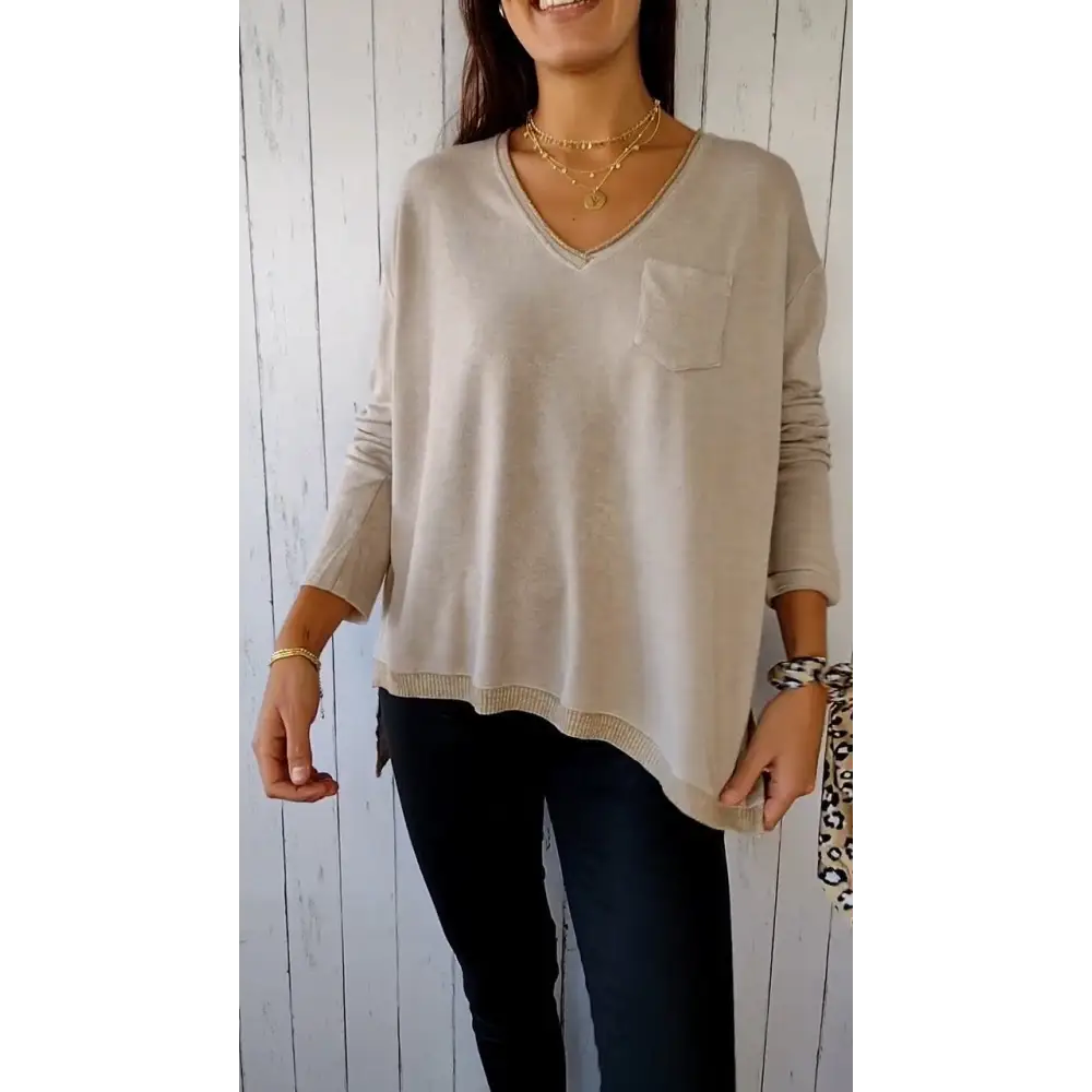 Blusa Casual de Malha com Mangas Compridas e Decote em V
