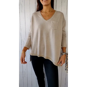 Blusa Casual de Malha com Mangas Compridas e Decote em V