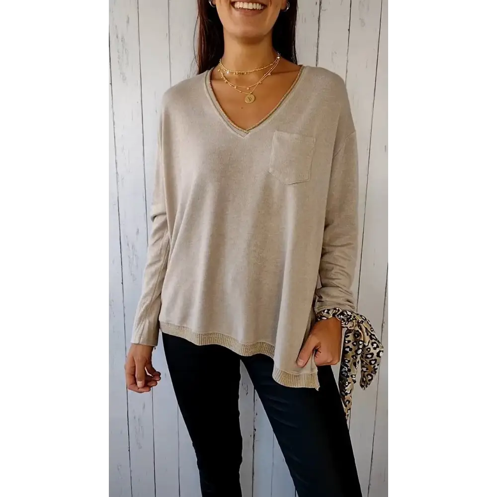 Blusa Casual de Malha com Mangas Compridas e Decote em V