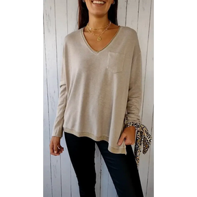 Blusa Casual de Malha com Mangas Compridas e Decote em V