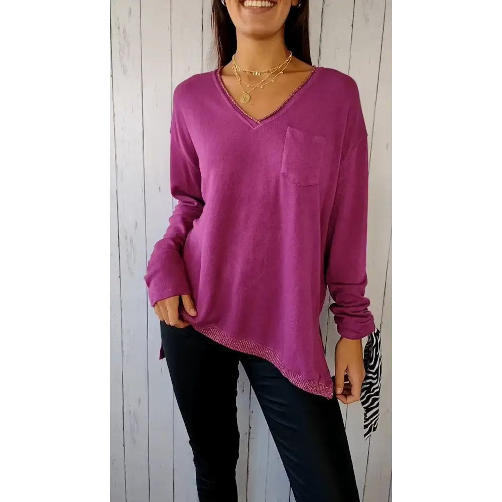 Blusa Casual de Malha com Mangas Compridas e Decote em V