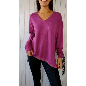 Blusa Casual de Malha com Mangas Compridas e Decote em V