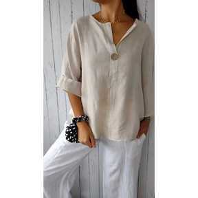 Blusa confortável de algodão e linho com decote em V