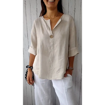 Blusa confortável de algodão e linho com decote em V
