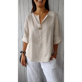 Blusa confortável de algodão e linho com decote em V