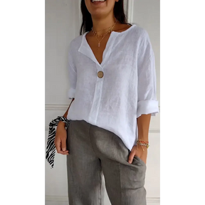 Blusa confortável de algodão e linho com decote em V