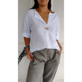 Blusa confortável de algodão e linho com decote em V
