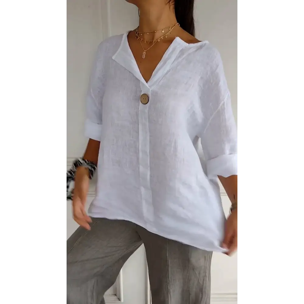 Blusa confortável de algodão e linho com decote em V