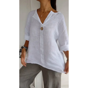 Blusa confortável de algodão e linho com decote em V