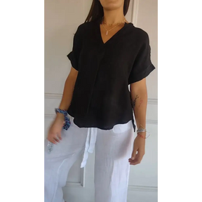 Blusa de algodão e linho com decote em V e mangas curtas