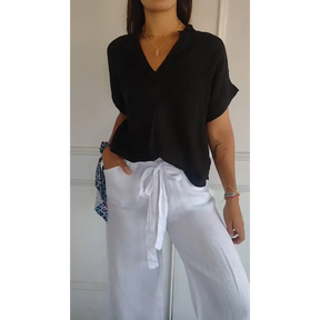 Blusa de algodão e linho com decote em V e mangas curtas