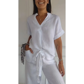 Blusa de algodão e linho com decote em V e mangas curtas