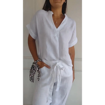 Blusa de algodão e linho com decote em V e mangas curtas