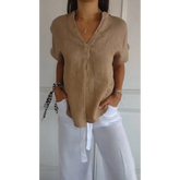 Blusa de algodão e linho com decote em V e mangas curtas