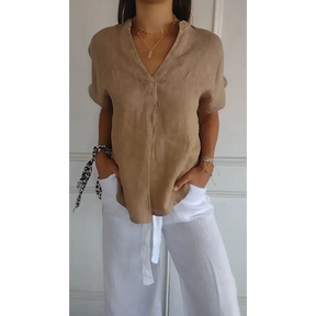 Blusa de algodão e linho com decote em V e mangas curtas