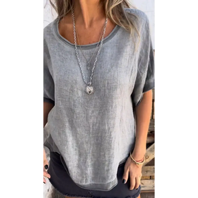 Blusa de Algodão e Linho com Patchwork Contrastante e Gola Redonda