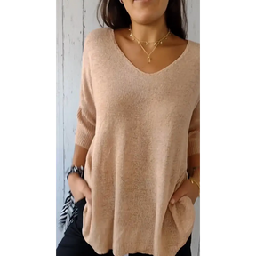 Blusa de Malha com Decote em V de Cor Sólida