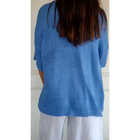 Blusa de Malha com Decote em V de Cor Sólida