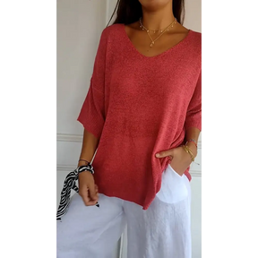 Blusa de Malha com Decote em V de Cor Sólida