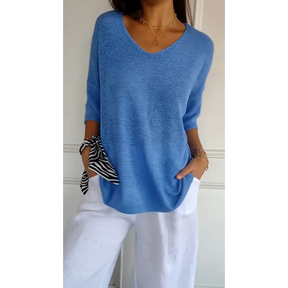 Blusa de Malha com Decote em V de Cor Sólida