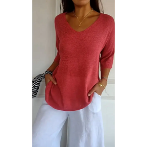 Blusa de Malha com Decote em V de Cor Sólida
