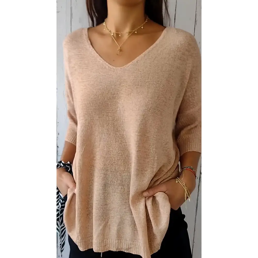 Blusa de Malha com Decote em V de Cor Sólida
