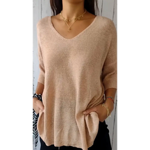Blusa de Malha com Decote em V de Cor Sólida