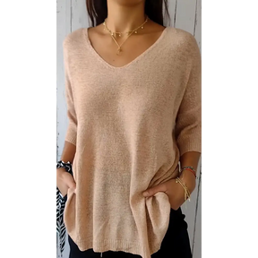 Blusa de Malha com Decote em V de Cor Sólida