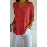 Blusa de Malha com Decote em V de Cor Sólida